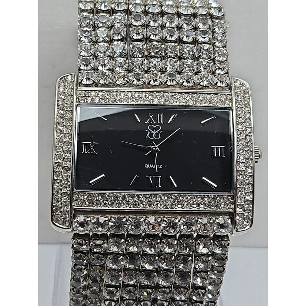 Suzanne Somers Womens Silver Tone Pave Crystal Wide Watch Black Dial New Battery